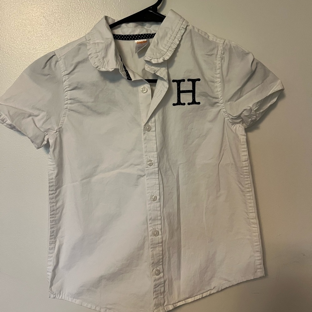 White Short Sleeve Button-Up Shirt with H